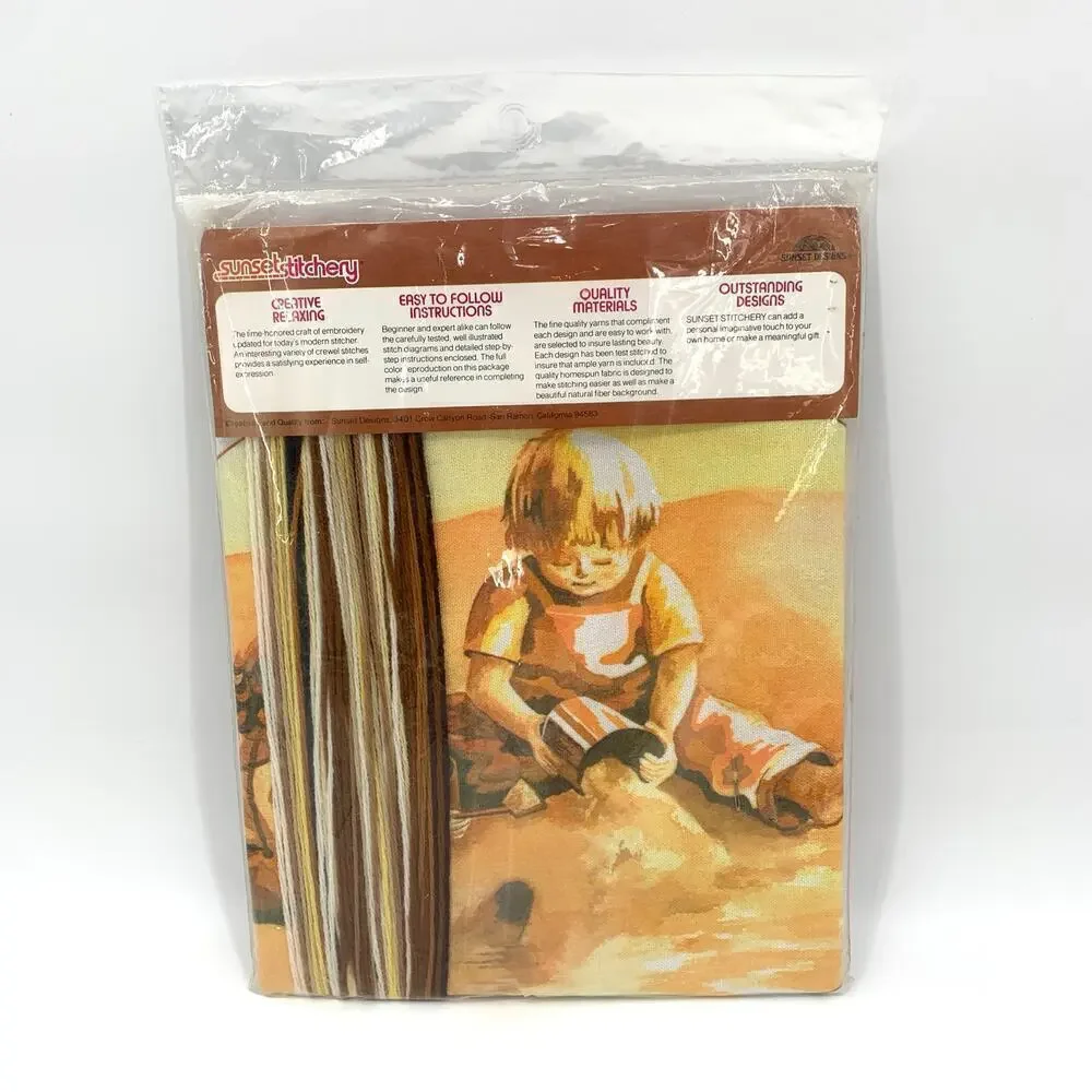 Sunset Stitchery Vintage 1981 Sealed Needlepoint Kit Children Sand Castle Sunset